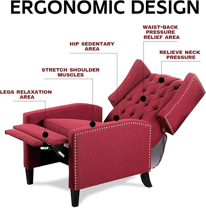 Wine Red Mid Century Modern Recliner Wingback Accent Chair with Push Back Mechanism Button Tufted Fabric Sofa &amp Nailhead Trim - Comfy Living Room Seating for Home Theater Office