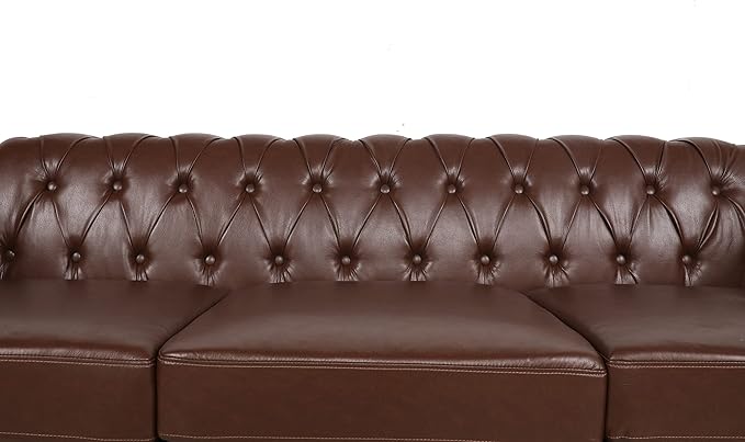 RARZOE Modern 3 Seater PU Chesterfield Sofa Upholstered Tufted Button Leather Chesterfield Couch Classic Faux Leather Settee with Nailhead Trim Scroll Arms for Living Room Bedroom(Dark Brown)