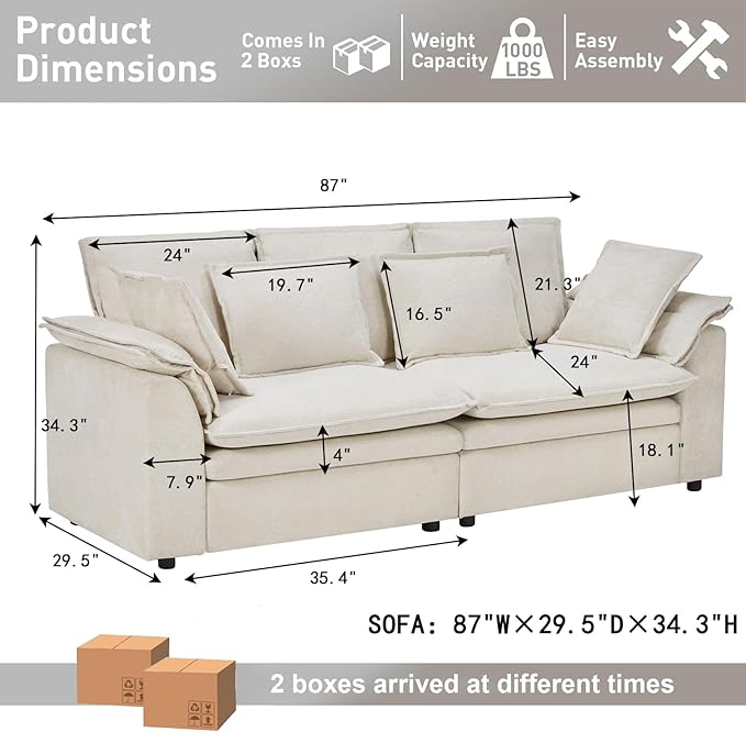 87 L Shaped Sectional Sofa Modular Deep Seat Sofa Couch with Ottoman Chenille Sofa Sleeper Comfy Upholstered Furniture for Living Room Apartment Studio Office (Beige Loveseat)