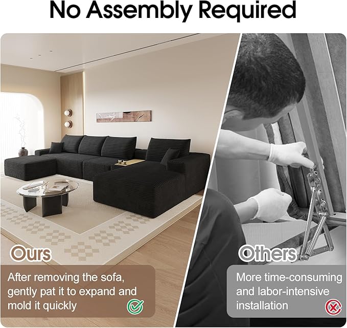 ‌151.5 Modern Cloud Boneless Corduroy Sectional Couch with U-Shape Chaise Ottoman and Side Table No Assembly Required Deep Seat Upholstered Modular Sofa for Living Room (Black Right Facing)