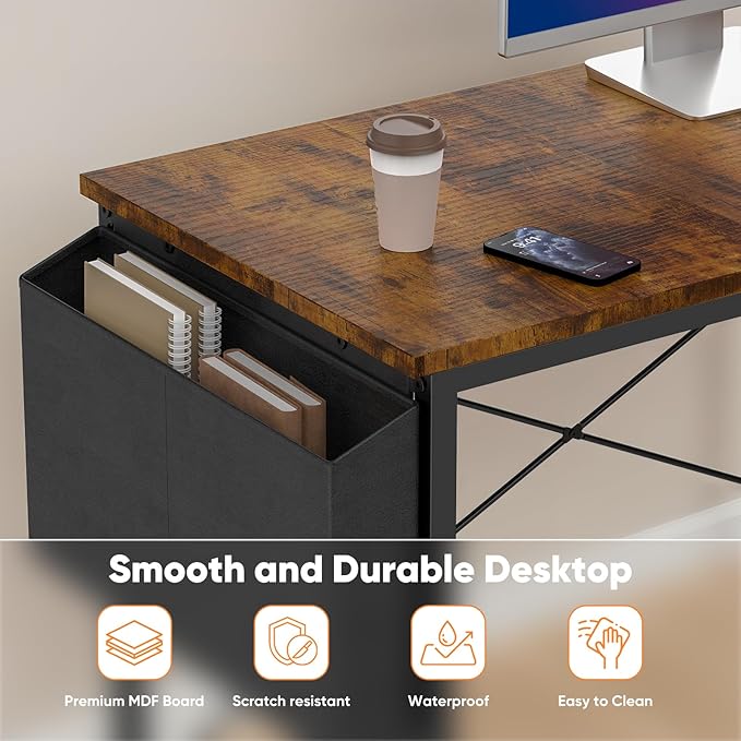 DUMOS L Shaped Desk Corner Computer Table 47 Inch L-Shaped Gaming Desks with Storage Shelf Reversible Wood Tables with Side Bag Adjustable Feet for 2 Monitors Small Space Home Office Bedroom Brown