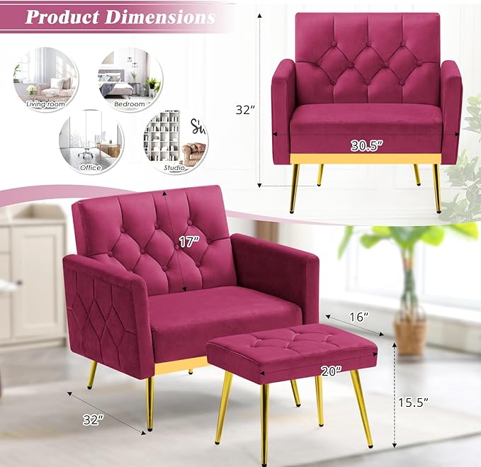 Velvet Accent Chair w/Adjustable Armrests and Backrests Tufted Single Sofa with Ottoman Upholstered Reading Chiar for Living Room Apartment Bedroom Fuchsia
