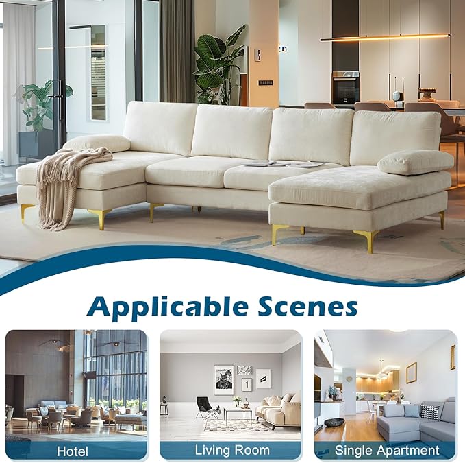 VINGLI 110 Large U-Shape Sectional Sofa Couch with 51 D Double Chaise for Living Room Modern Sectional Couch Set with Soft 5.9 Thickness Seating Padding Chenille FabricMetal Gold Legs(Beige)