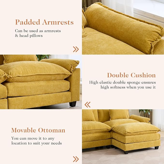 Modular Sectional Sofa 119 L Shaped Couch Set with Movable Ottoman Chenille Comfy Cloud Couch Sectional Set Extra Deep Seat Sofa with 3 Pillows for Living Room (Yellow 3-Seat &amp 1-Ottoman)