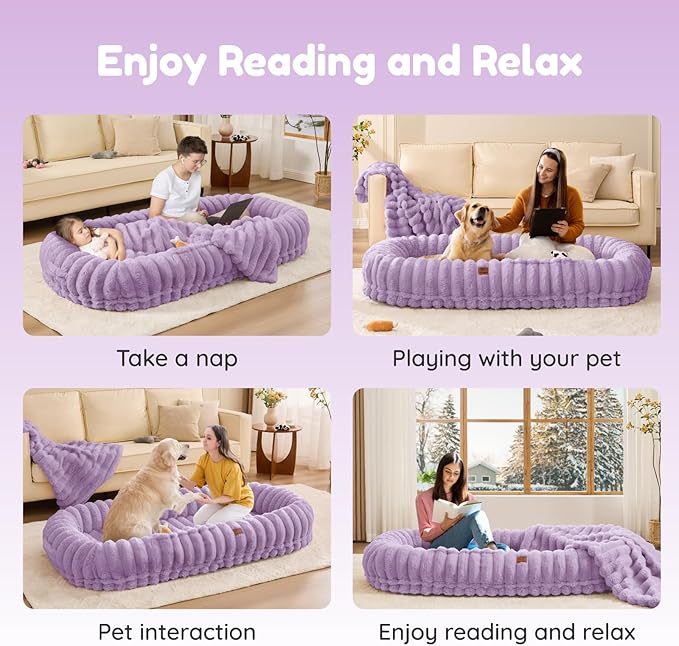 Human Dog Bed for Adult - Luxury Striped Faux Fur Giant Dog Bed with Portable Handle Egg Orthopedic Foam Pad with Thick Blanket 72x40x10 Purple