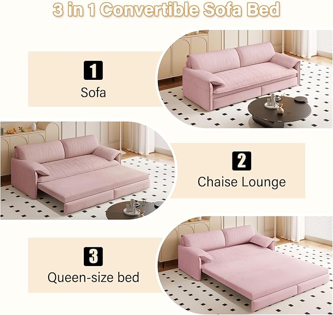 66 Convertible Queen Size Sleeper Sofa Couch Bed Pull Out Sleeper Sofabed for Living Room 3 in 1 Multi-Functional Oversized Cloud Futon Loveseat Recliner Lounge Chaise w/Side StorageSoft Armrest