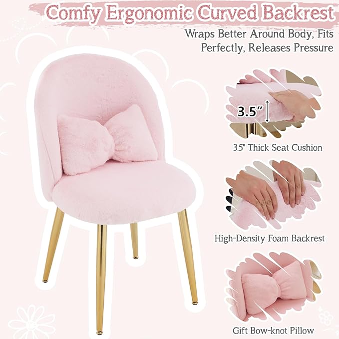 VINGLI Fluffy Girls Vanity Chair with Back &amp PillowCute Small Cozy Desk Chair No WheelsComfy Makeup Ch with Ajustable Gold Legsfor BedroomLiving RoomSmall SpacePink