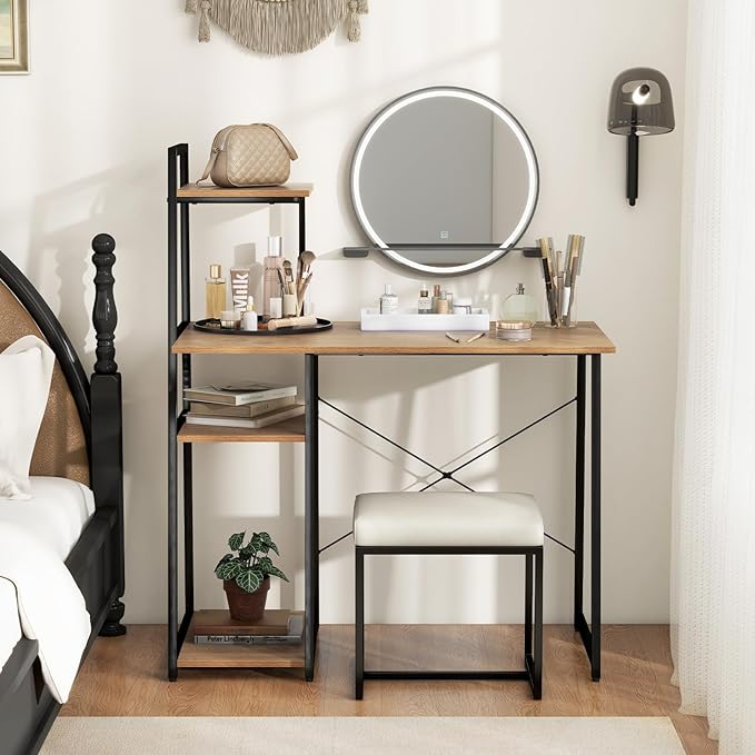 Tangkula Computer Desk with Shelves Space Saving Home Office Desk with 3-Tier Ladder Shaped Storage Bookshelf Modern Writing Study Desk with Metal Frame Compact Computer Workstation (Natural)