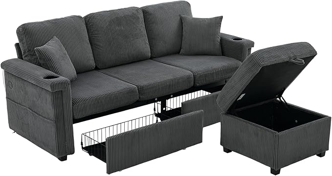 76'' Sectional Sofa Couches for Living Room 3 Seat L-Shaped Couch with Storage &amp Ottoman Corduroy Convertible Sofas with Chaise Apartment with USB Charging Cup Holder (Dark Grey)