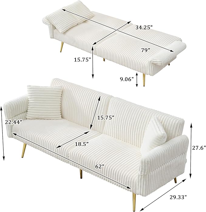 79 W Foldable Sofa BedOverstuffed Futon LoveseatComfy Upholstered Sofa Chair with Adjustable Armrests &amp BackrestConvertible Extra Deep Sleeper Sofabed for Living Room (Beige 2 Seat)