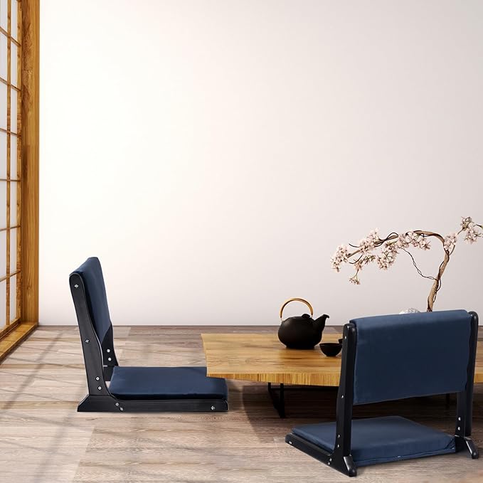 HollyHOME Foldable Tatami Chair Upholstered Japanese Style Floor Chair Wood Legless Back Rest Chair with Cushion Accent Meditation Floor Seat for Bay Window Living Room Bedroom Dark Blue