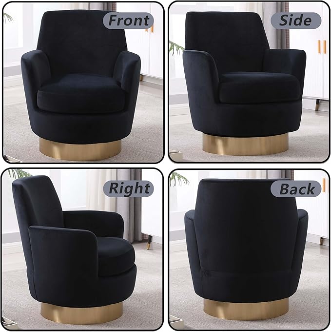 Velvet Swivel Accent Chairs for Living RoomComfy Swivel Barrel Chair with Foam Cushion Round Swivel Chair &amp Boucle Swivel Chair with High Back Round Armrest Gold Base (Black)