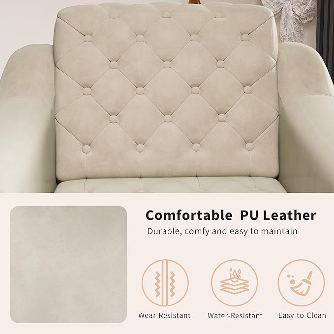 EJUNQ Cozy Accent ChairPU Leather Modern Living Room ChairsMid-Century Office Reading ChairSingle SofaArmchair for Bedroom Apartment Waiting Room(Ivory)
