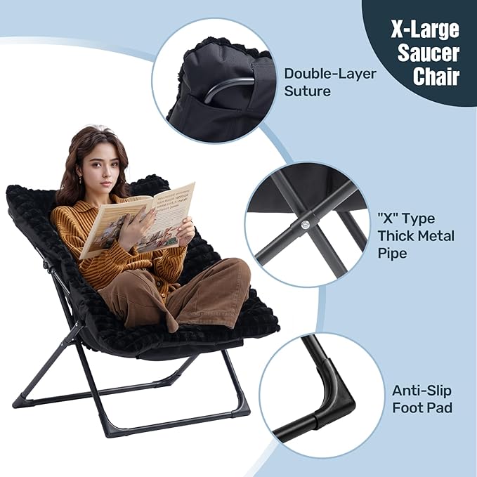 HollyHOME X-Large Saucer Chair with Foldable Ottoman Comfy Oversized Folding Chair and Folding Footrest Stool Set Faux-Fur Reading Chair and Footstool for Living Room Bedroom Black Chair&ampStool