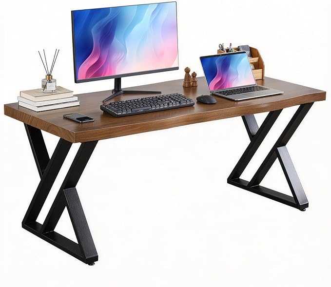 Solid Wood Desk 47 InchHome Office Desk Butcher Block Studio Desk Rustic Brown Desk Heavy Duty Business Desk Office Furniture（Table Thickness:1.96 inches）