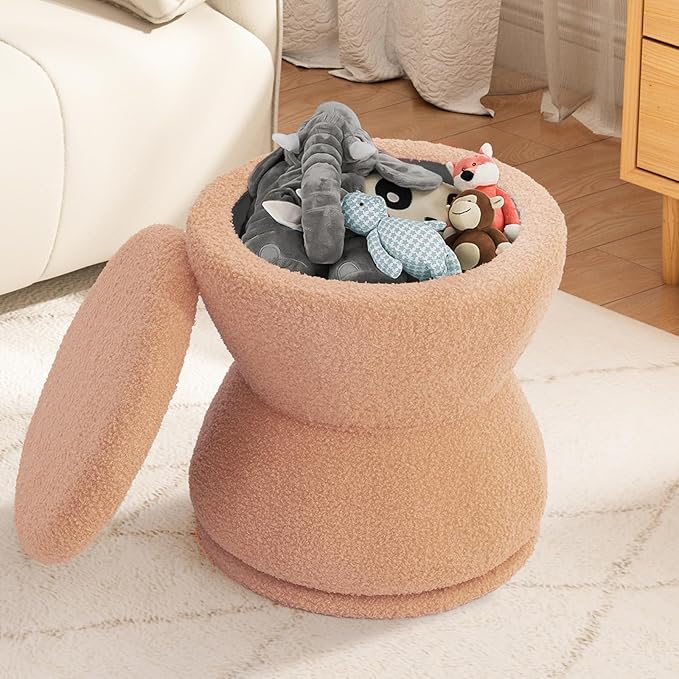 DHMAKER Round Ottoman with Storage 360°Swivel Vanity Stool Chiar with Wooden Frame Small Makeup Chair Comfy Foot Stool with Thick Padded for Living Room Bedroom Entryway