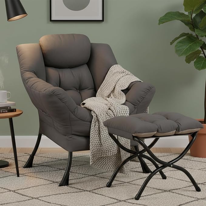 Lazy Chair with Ottoman Modern Accent Lounge Armchair with Armrests and a Side Pocket &amp Foldable Footstool Leisure Reading Chair for Living Room Bedroom Dorm &amp Office Dark Grey
