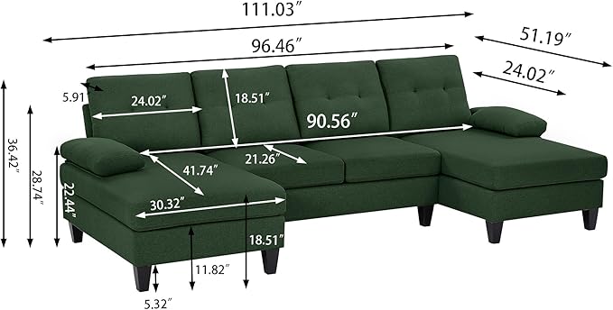 Sectional Sofa Couch for Living Room 111 U Shape Convertible 4 Seat Sofas Modern Polyester Fiber Sleeper Couches with Double Chaise and Portable Armrest (Green)
