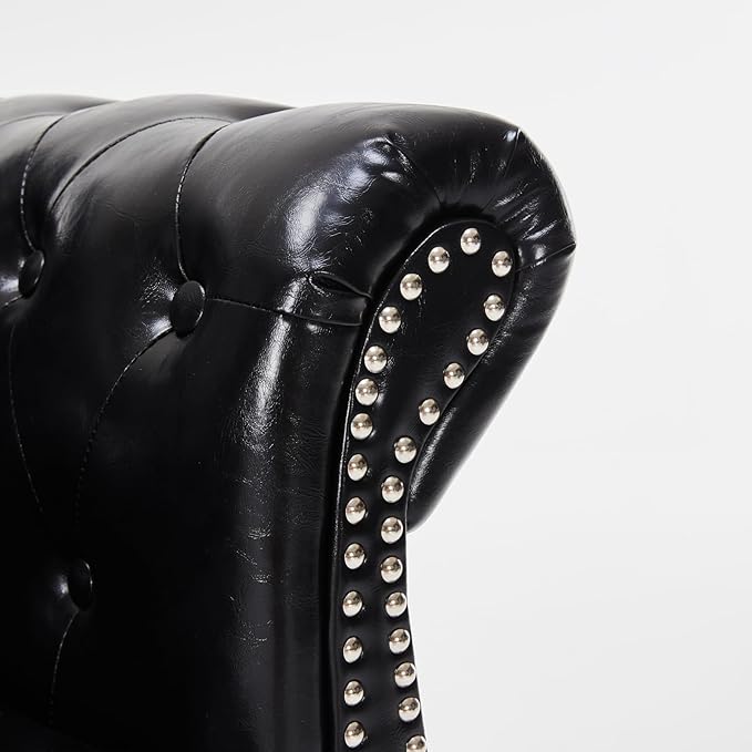 Leather Couche for Living Room 84 Inch Mid-Century Upholstered Modern Sofa CouchLeather Sofa Couch with Wooden Legs Chesterfield Sectional (Black)