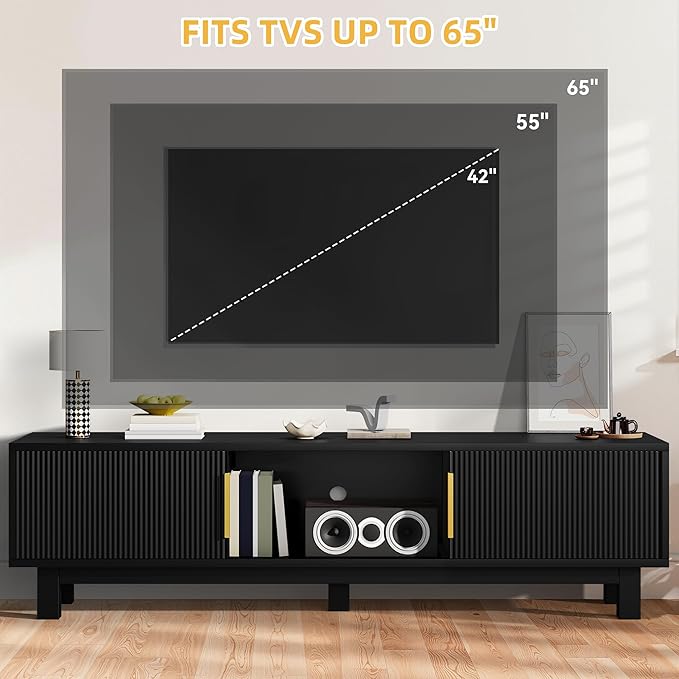 DWVO Fluted TV Stands for Living Room Entertainment Center for TVs up to 65 Inch Mid Century Modern Media Console with Power Outlets &amp Storage Compartments 59 Long TV Cabinet Black