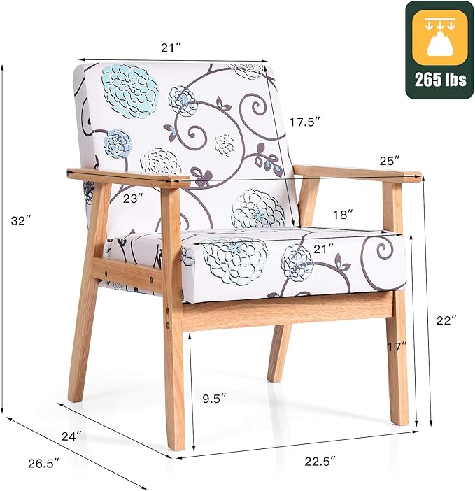 Giantex Mid Century Accent Arm Chairs Set of 2 Fabric Modern Armchairs w/Rubber Wood Pretty Pattern Soft Sponge Decorative Retro Accent Chairs for Living Room