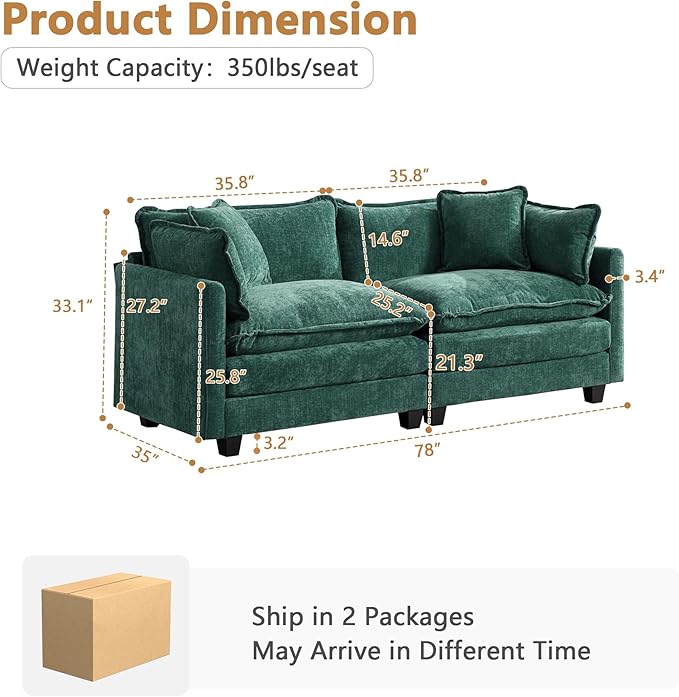 Setawix Modern Modular Sectional Sofa 78 Upholstered Chenille Loveseat Comfy 2-Seater Sofa Oversized Deep Seat Fluffy Cloud Couch with 2 Throw and Arm Pillows for Living Room Bedroom Office Green