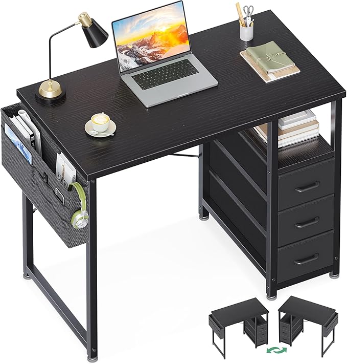 AODK 32-Inch Small Computer Desk with Fabric Drawers Kids Girls Teen Study Writing Desk for Bedroom Home Office Desk for Small Space Black