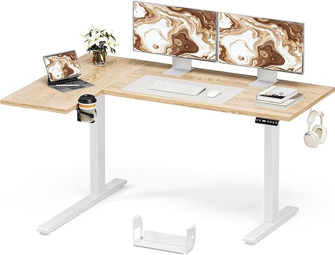 Muvai L Shaped Standing Desk with Cable Management Tray 59 Inch Height Adjustable Electric Standing Corner Desk Sit Stand Up Table for Home Office with Reversible Splice Board Light Rustic Brown