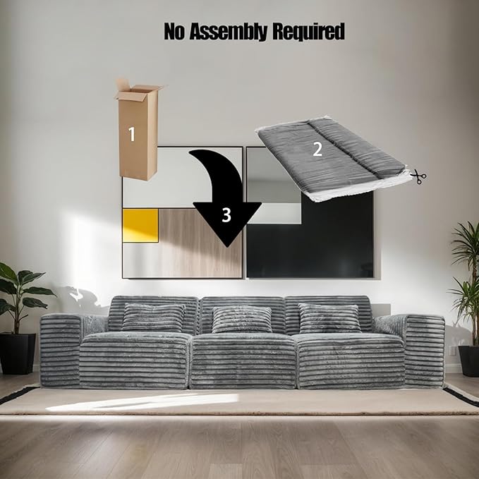 MEISIMAN 118” Modular Sectional Sofa Cloud Couch - Compressed Sofa Soft Corduroy Fabric &amp Memory Foam Couch for Living Room No Assembly Required (Dark Gray)