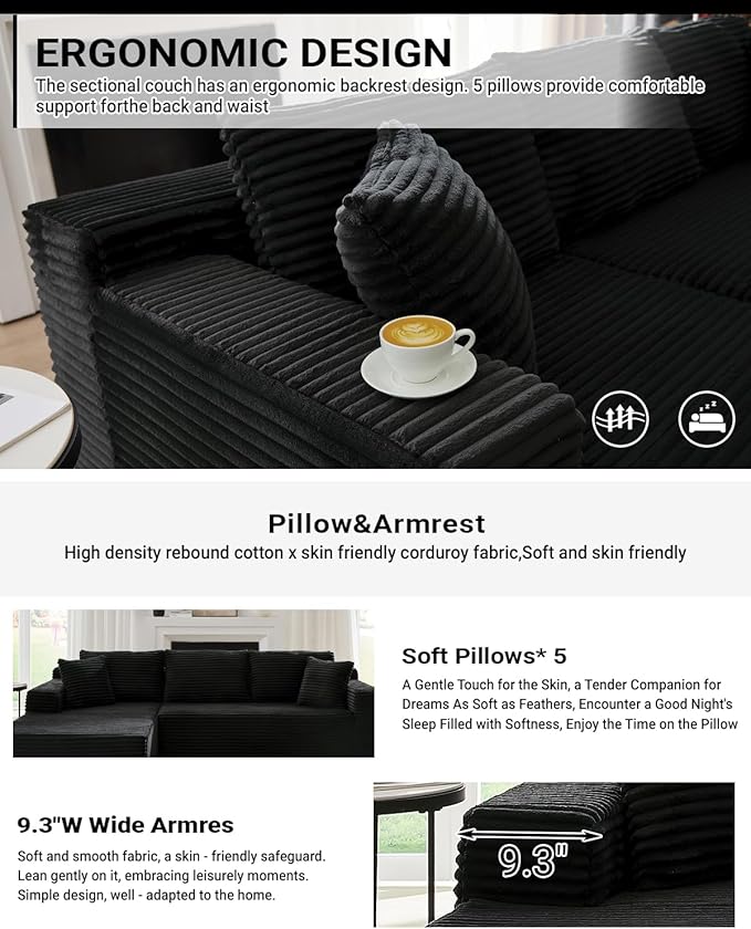 Boneless Couch for Living Room 104 Inch Cloud sectional Couch with Deep Seat Corduroy Modular Sectional Sofa with L-Shape Chaise No Assembly Required (Black Left Facing Chaise)