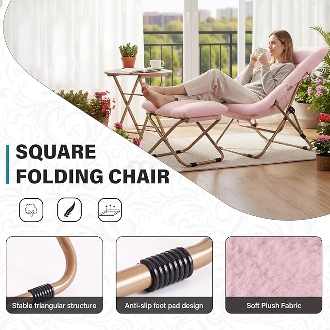 Tiita Folded Chair with Straight Ottoman Soft Faux Fur Oversized Folding Accent ChairLazy Chair Metal Frame Moon Chair for Bedroom Living Room Dorm Rooms Garden and Courtyard Pink