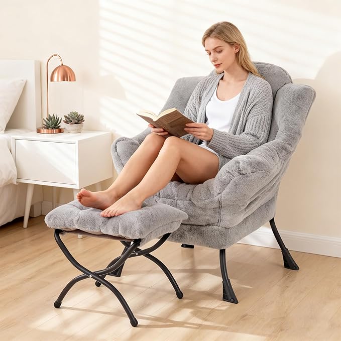 Welnow Lazy Chair with Ottoman Modern Accent Chair with Armrests and a Side Pocket Leisure Sofa Armchair Reading Armchair with Footrest for Small Space Plush Grey