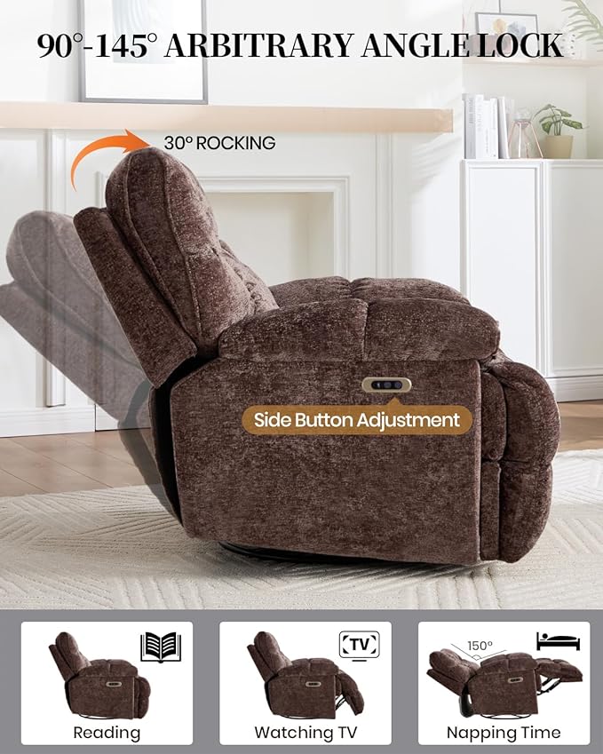 Oversized Power Swivel Rocker Recliner Chair for Big and Tall Electric Chenille Glider with USB Ports Extra Wide Overstuffed Reclining Sofa for Living Room Nursery 375lbs (Brown Power)