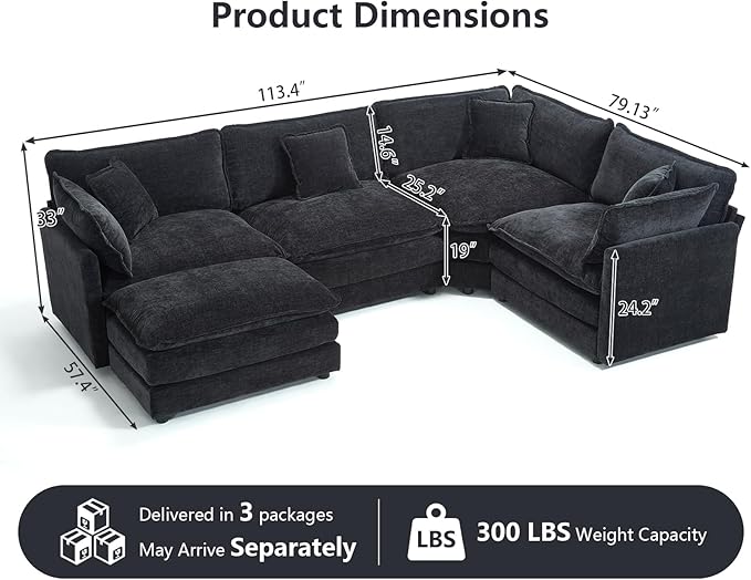 Modular Cloud Sectional Sofa Modern Chenille L Shaped Sectional Couch with Ottoman &amp Pillows 5 Seater Deep Seat Corner Couches for Living Room Apartment Office Black