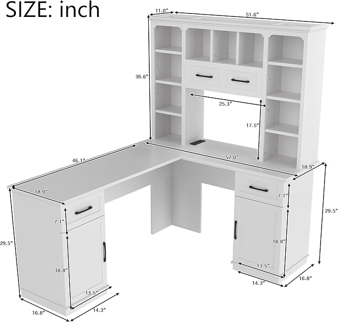 L Shaped Computer Desk with Drawers Bookshelf &amp Hutch Modern Corner Home Office Desk L-Shaped Study Table Writing Corner Gaming Computer Desk with Storage (White)