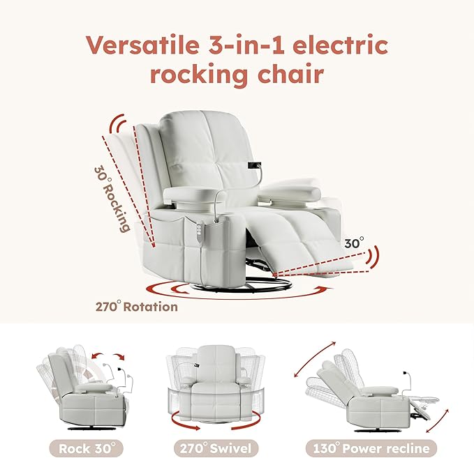 Triple Motor Power Swivel Rocker Recliner Chair with Adjustable Armrests for Adults Elderly FSC Certified Faux Leather Rocking Chair Nursery for Breastfeeding(White)