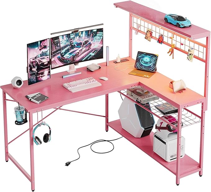 Bestier Gaming Desk 51 L-Shaped with Power Outlets &amp LED Lights- 4 Tier Shelves Reversible Gamer Table with Hooks &amp Cup Holder for Home Office Carbon Fiber Pink