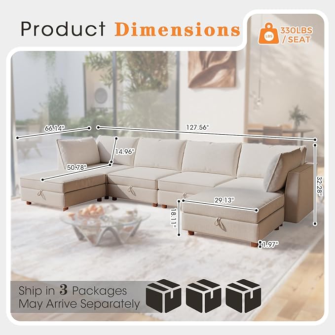 128 6 Seat Modular Sectional Sofa with Storage Sturdy Solid Wood Structure Modular Sectional Sofa Cloud Couch Washable Spacious Couches for Living Room Apartment Loft Beige
