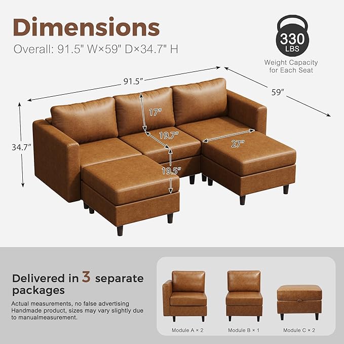 ABCASA 91.5 Faux Leather U Shaped Modular Sectional Sofa 5 Seater Couch with Movable Ottoman Deep Seat and Storage Seat with Removable Cover for Living Room Apartment - Brown