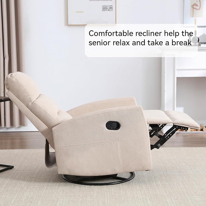 Swivel Rocking Recliner Chair Upholstered Glider Rocker with Adjustable Backrest and Footrest Modern Rocking Chair for Adults with 2 Pockets for Nursery Lounge Bedroom Living Room (Beige)