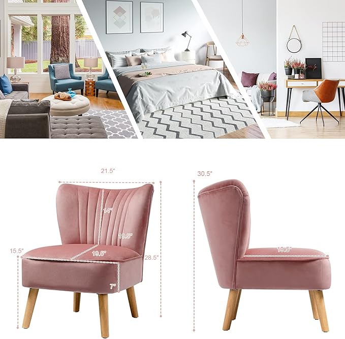 S AFSTAR Armless Accent Chair Velvet Modern Chair with Rubber Wood Legs and Thick Sponge Seat Upholstered Leisure Wingback Sofa Chair for Living Room for Bedroom Living Room (1 Pink)