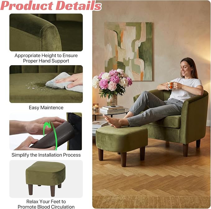 Dkelincs Accent Chair with OttomanBarrel Reading Chair with Velvet Fabric for Living RoomMore Spacious and SupportiveGood Weight CapacityGreen