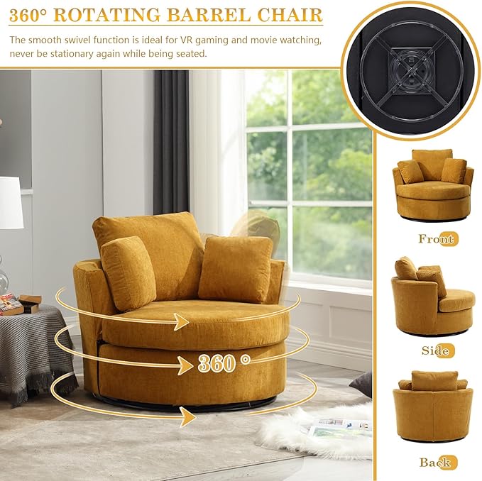 Swivel Barrel Chair Modern Fabric Oversized 360 Degree Club Accent Arm Chairs Single Round Living Room Sofa Chair w/ 3 Pillows for Nursery Bedroom Reading Office Yellow
