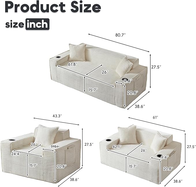 Boneless Sectional Sofa 3 Piece Set with Cup Holders &amp Side Pockets Modern Corduroy Fabric Deep Seat Cloud Couch Living Room Office No Assembly (White)