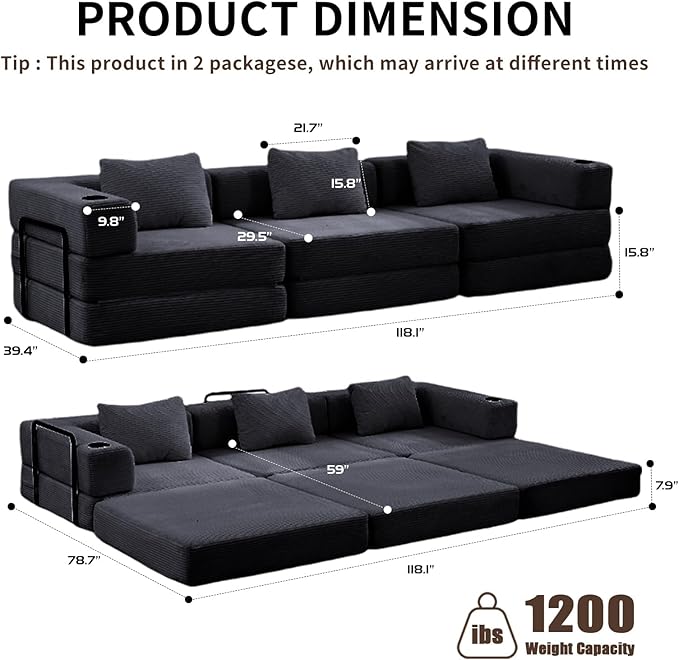 118 Oversized Sectional Couches Convertible Floor Sofa Bed with Cup Holder Boneless Foldable Mattress Cloud Couch with Pillow Back &amp Armrest for Living Room Bedroom Lounge(Corduroy Black)