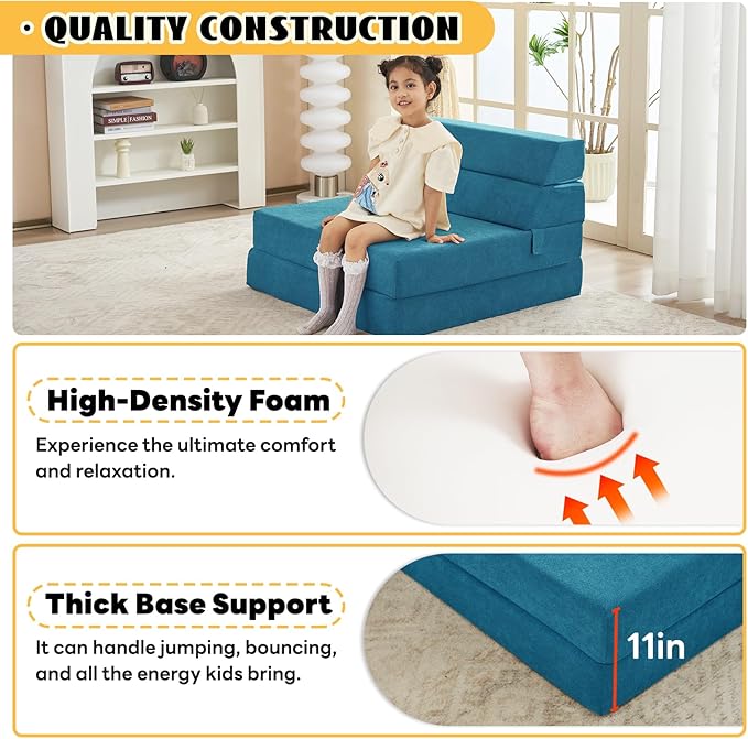 jela Foldable Sofa Bed Convertible Sleeper Lounge Chair Floor Mattress Floor Couch with Backrest Fold Out Futon with Washable Miss Fabric Cover for Guest Room Living Room (83x33Teal)
