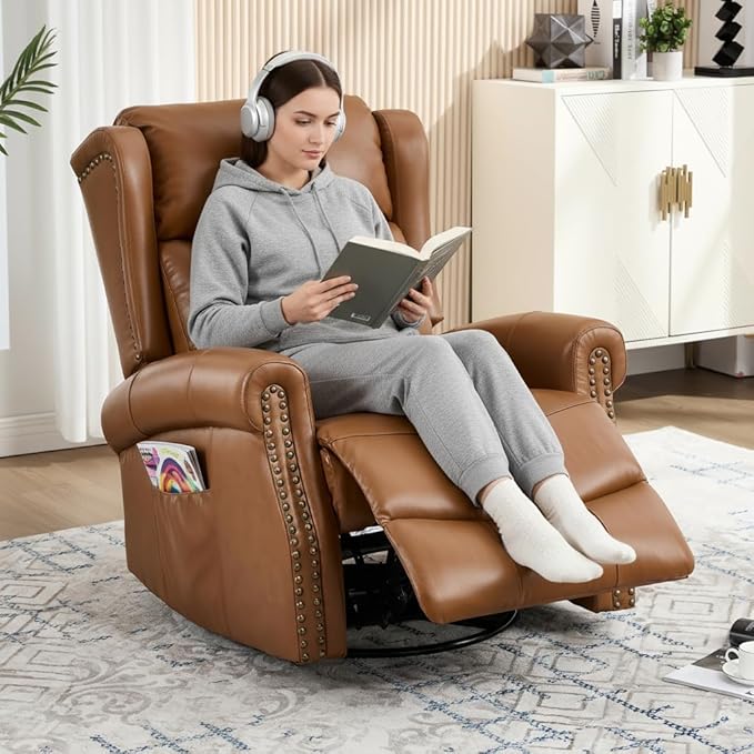PELUMY Genuine Leather Swivel Rocking Recliner Chair for Adults 360° Swivel Glider Rocker with Heat &amp Vibrating Massage Lounge Chair for Living Room Bedroom Nursery (Earth Yellow)