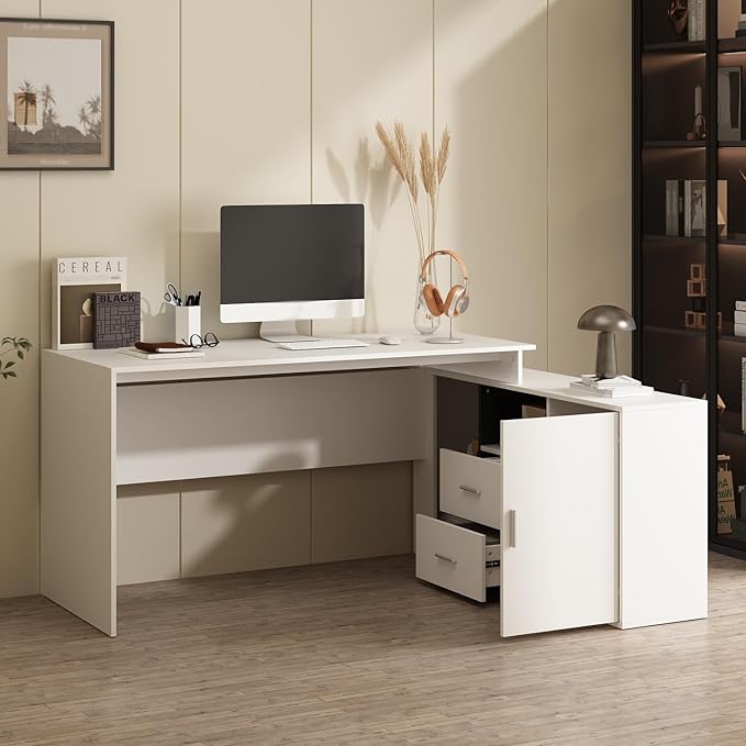 Corner Computer Desk L Shaped with Reversible File Cabinet Large Writing Table for Home Office with Shelves &amp 2 Drawers Convertible Office Desk Workstation Gaming Desk White