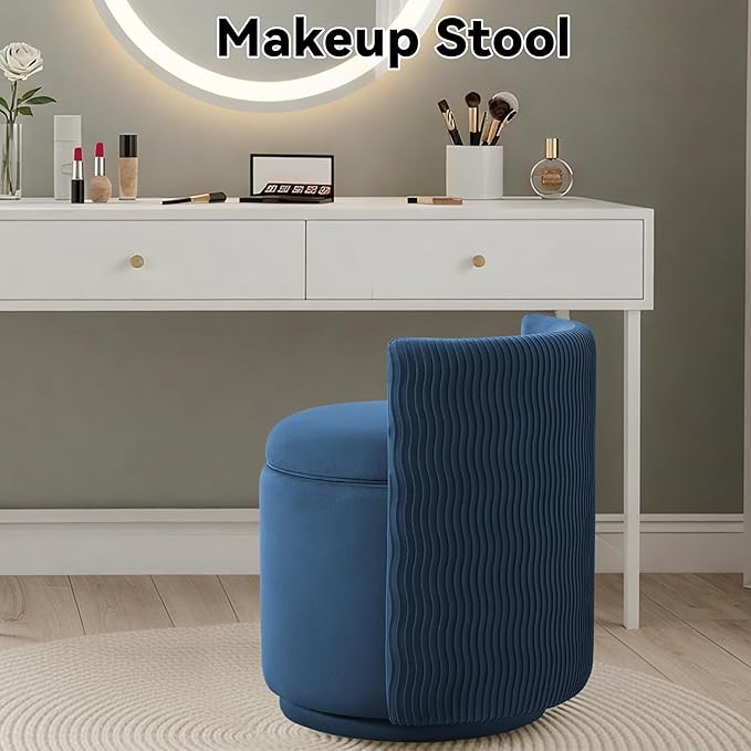 360° Swivel Velvet Vanity Chair with Storage Barrel Makeup Chair with Wave Back No Assembly Upholstered Vanity Small Accent Chairs for Living Room Blue