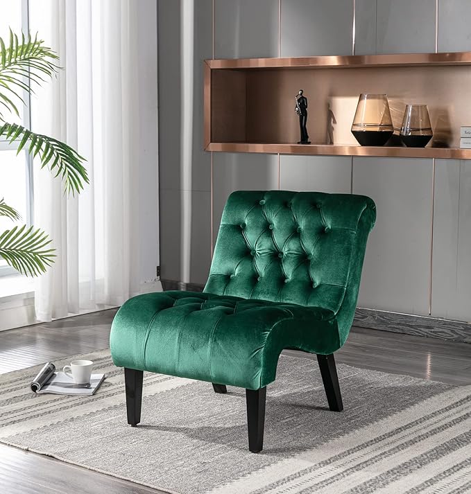 Comfy Velvet Accent Chair Upholstered Armless Side Chair for Living Room Modern Small Lounger with Tufted Back and Rolled Edge Design Comfy Reading Chaise Lounge with Solid Rubber Wood Legs Green